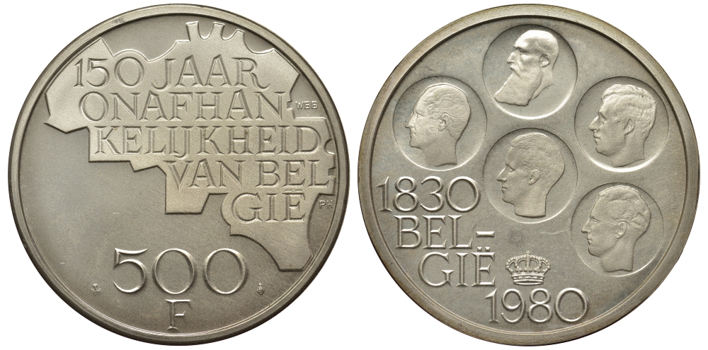 Бельгия 500 франков 1980 150 лет независимости, Belgie, Бодуэн I (1951-1993) KM 162 медно-никель покрытый серебром UNC 443-1114