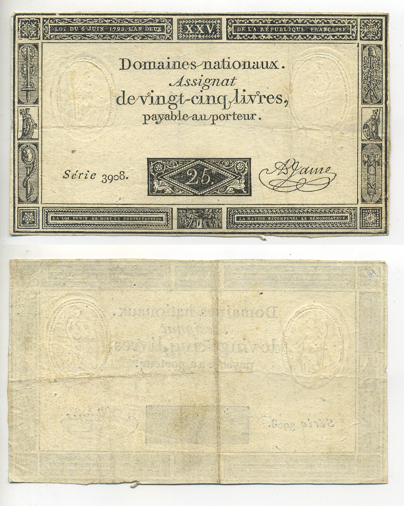 ФРАНЦИЯ 25 ЛИВРОВ 1793 6 ИЮНЯ 1793, СЕРИЯ 3908, ПОДПИСЬ ДЖЕЙМИ Pick А71 бумага 7552-22-1