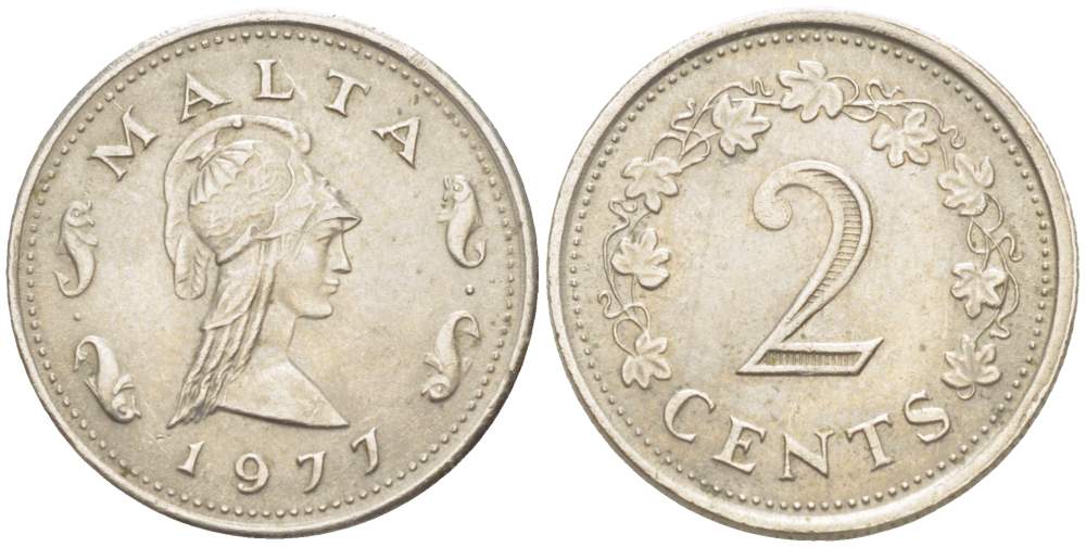 Мальта 2 цента 1977 Пентесилея, царица амазонок KM 9 медь цинк 4523-1027
