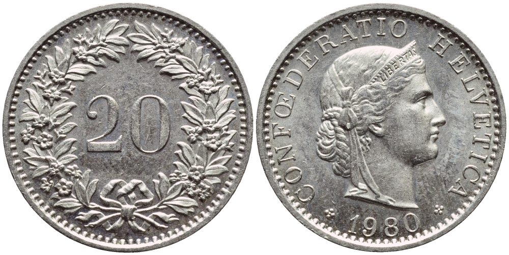 Швейцария 20 раппенов 1980 KM 29а медно-никель 4397-441