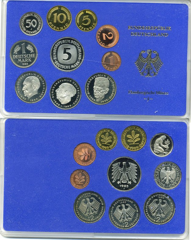 ФРГ государственный набор из 10 монет 1985 J    PROOF  3-5-3-14