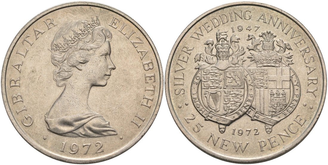 Гибралтар 25 пенсов 1972 серебряная свадьба Елизаветы II и Филиппа (1947-1972) KM 6 медно-никель 4558-521