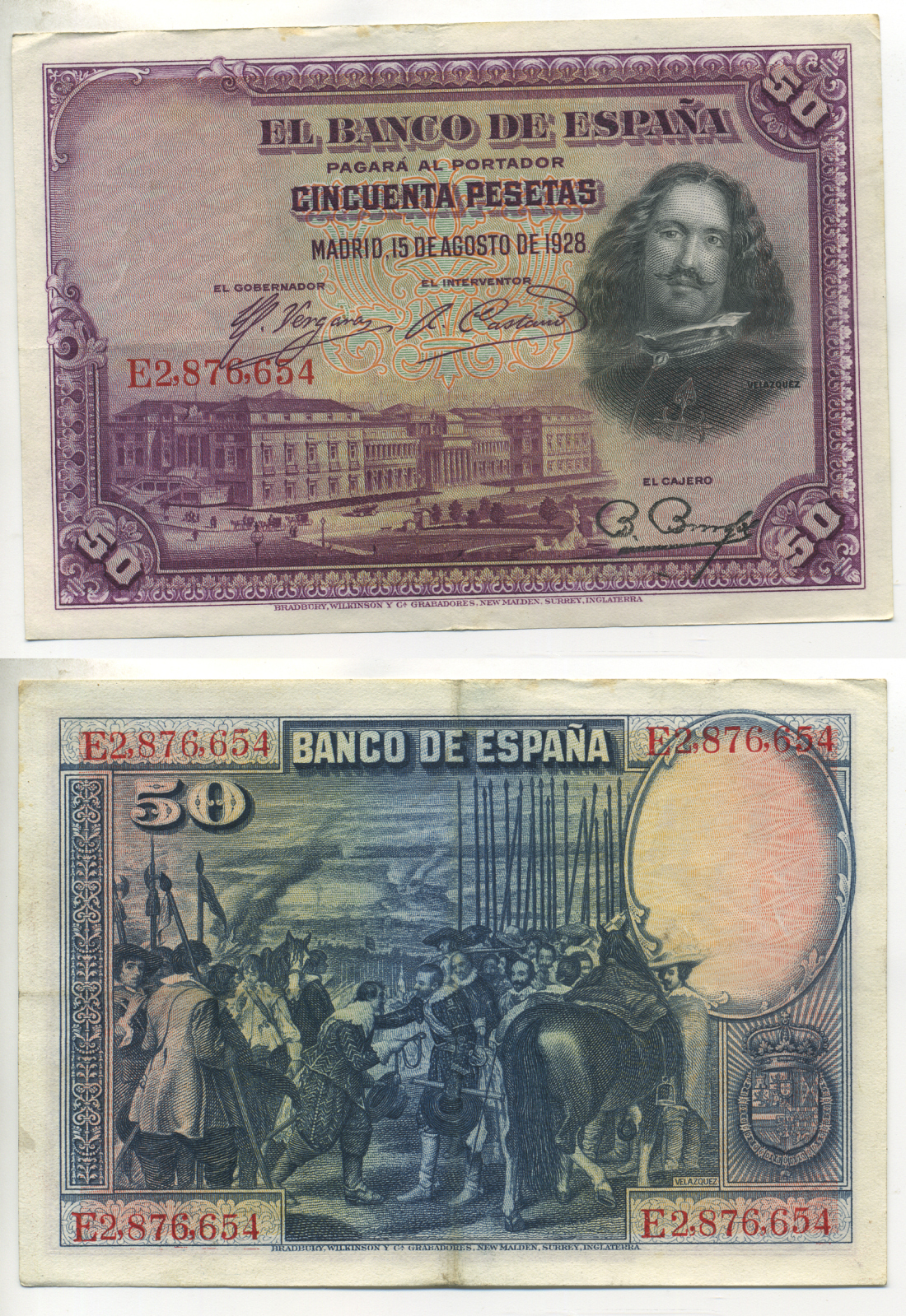 ИСПАНИЯ 50 ПЕСЕТ 1928 Е 2876654, МУЗЕЙ ПРАДО В МАДРИДЕ, ДИЕГО ВЕЛАСКЕС Pick 75b бумага 6287-45-1-1