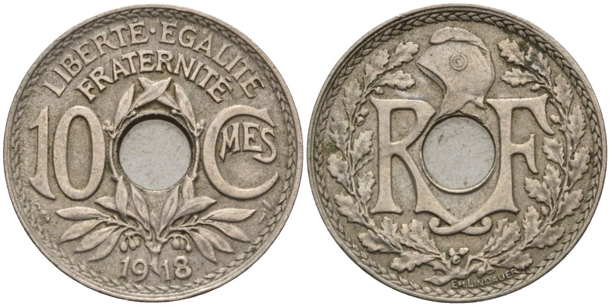 Франция 10 сантимов 1918 тип Линдайё KM 866a, Le Franc 138.3 медно-никель 4143-837