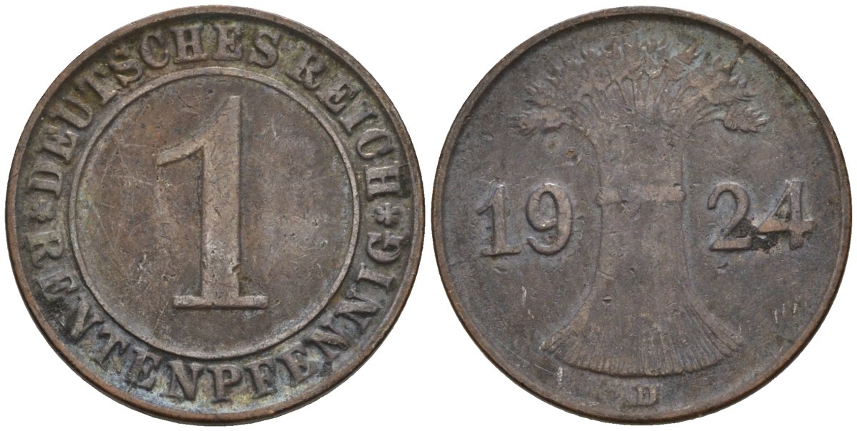 Германия 1 рентенпфенниг 1924 D KM 30, J. 306 бронза 4549-442