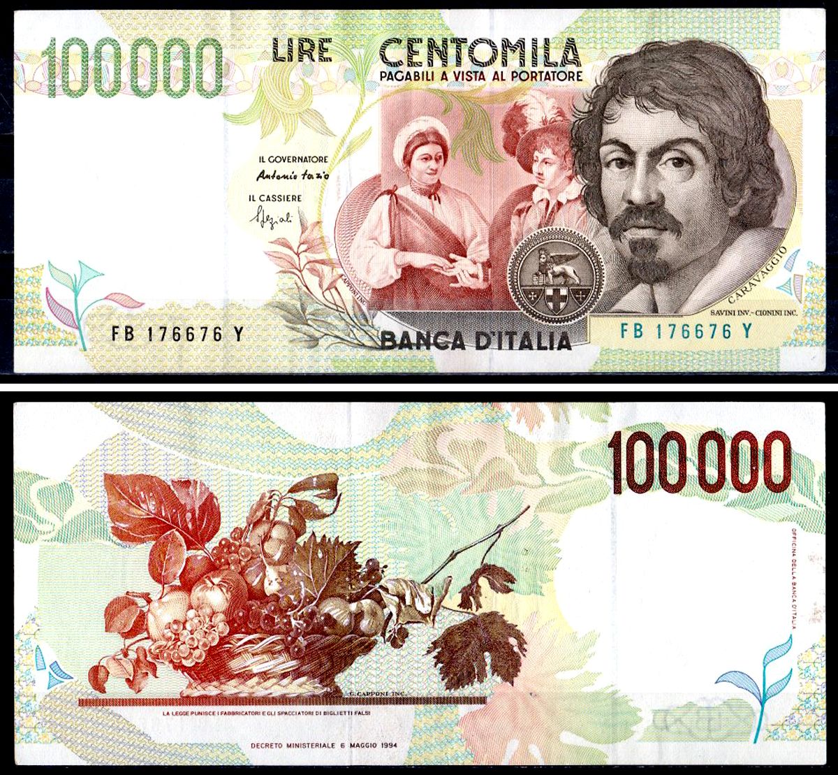 Италия 100000 лир 1994 Караваджо (Микеланджело Меризи), пара с картины Караваджо «Гадалка»), Корзина с фруктами Pick 117 a бумага 451-742-1