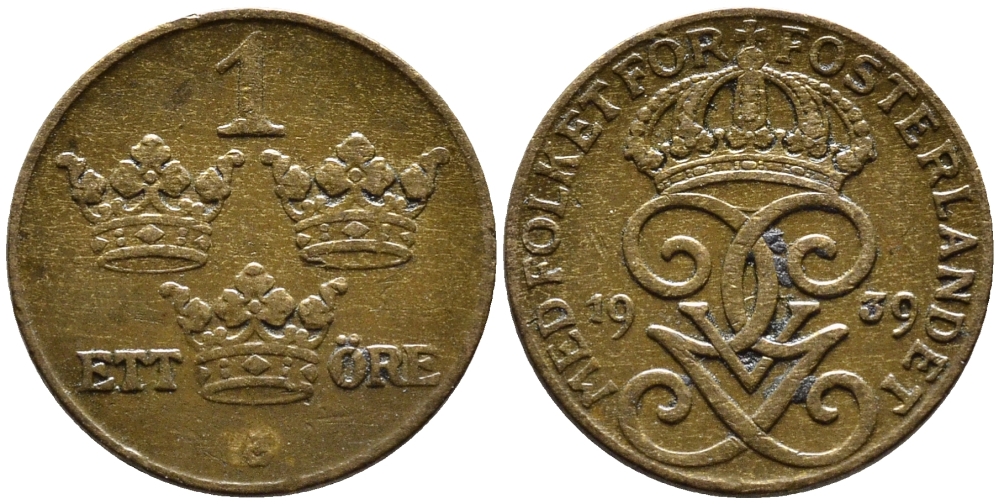 Швеция 1 эре 1939 Густав V (1907-1950) KM 777.2 бронза 4387-1219