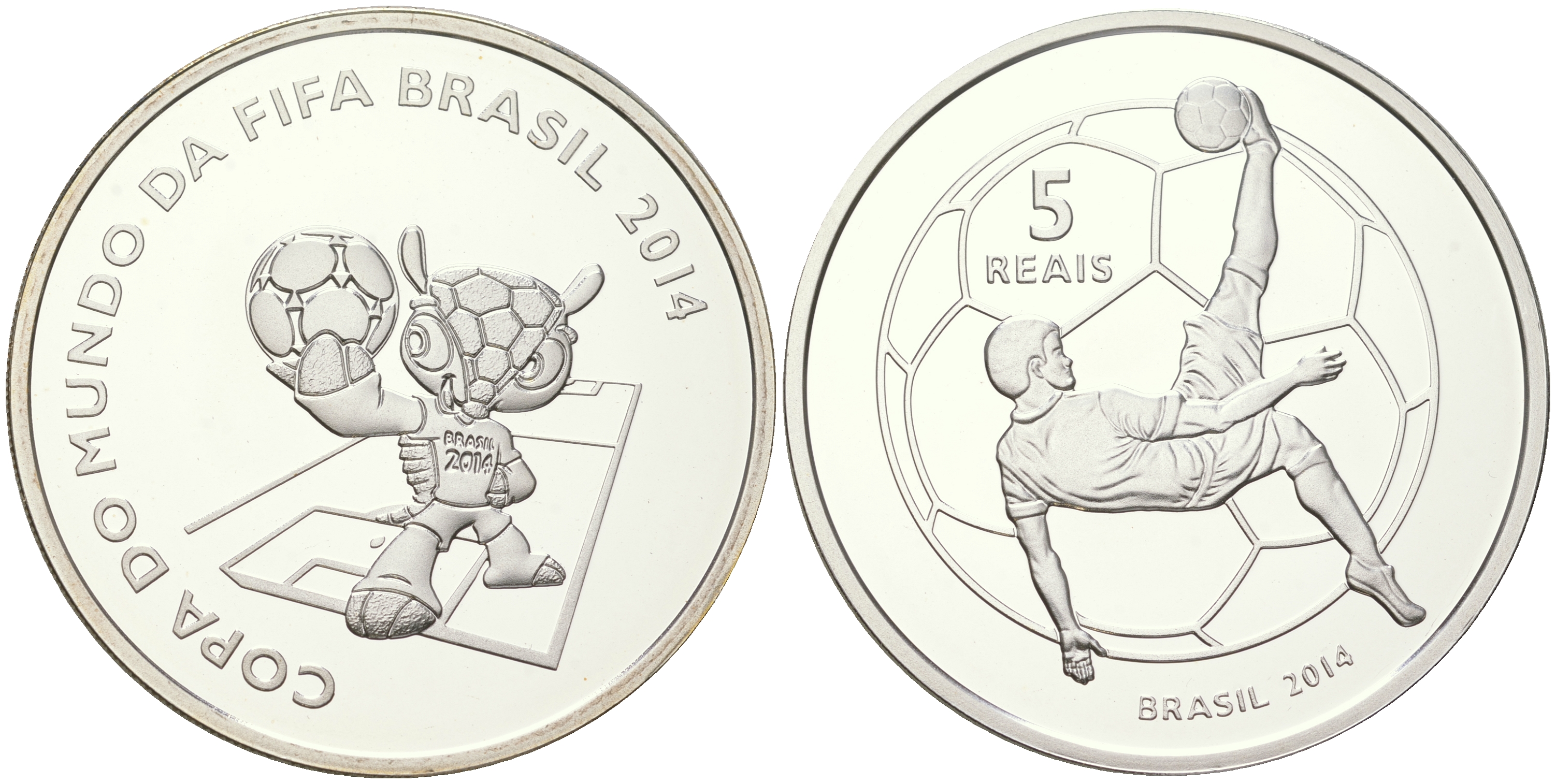 Бразилия 5 реалов 2014 Чемпионат мира по футболу 2014, талисман (маскот) Фулеко, удар через себя, тираж 20.000 экземпляров, в оригинальной коробке, с сертификатом KM 701 серебро  PROOF  8-1-02-04