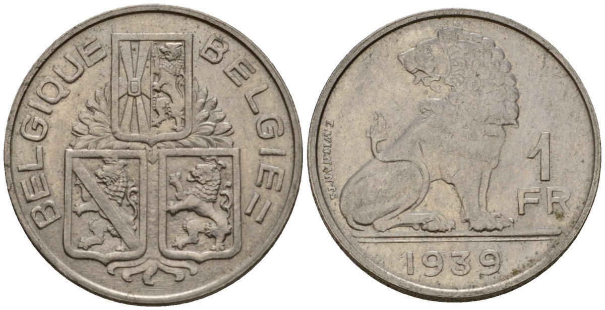 Бельгия 1 франк 1939 Belgique - Belgie KM 119 никель 4603-1247