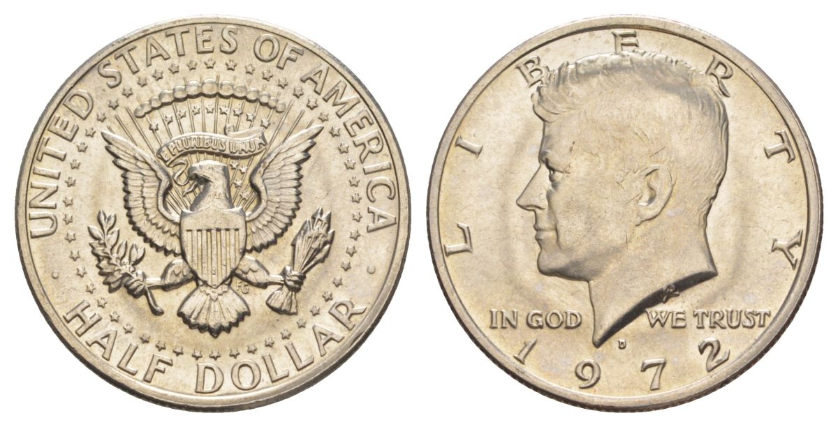 США 1/2 доллара (50 центов) 1972 D, Джон Кеннеди KM 202b медь плакированная медно-никелем aUNC 3855-935