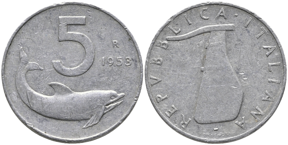 Италия 5 лир 1953 R, дельфин, плуг KM 922 алюминий 89-524