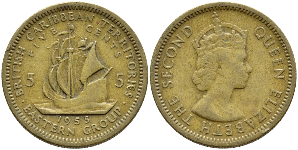 Британские Восточно-Карибские территории 5 центов 1955 Елизавета II (1952-2022), парусник KM 4 никель латунь 4388-135