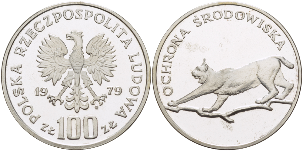 Польша 100 злотых 1979 MW, серия охрана окружающей среды, рысь KM 104, Parchimowicz 286 серебро PROOF 1085-1-23