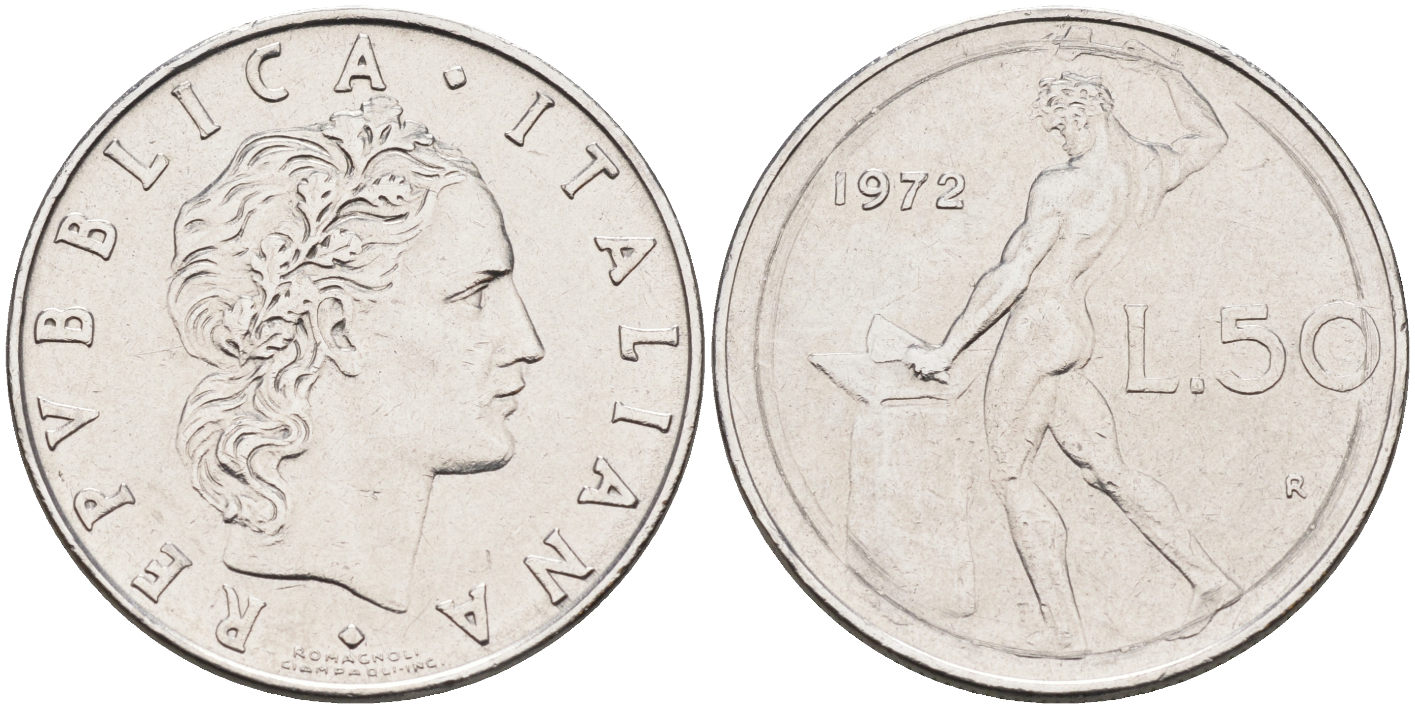 Италия 50 лир 1972 R, бог огня Вулкан у наковальни KM 95.1 нержавеющая сталь 4595-236
