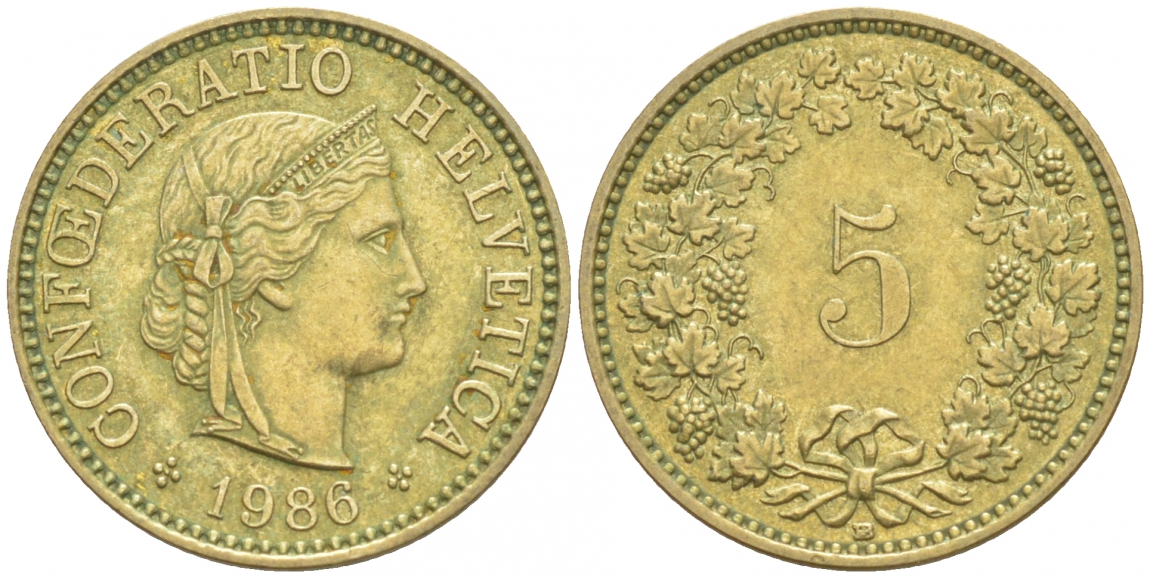 ШВЕЙЦАРИЯ 5 РАППЕНОВ 1986 В KM 26с алюминий латунь 4549-348