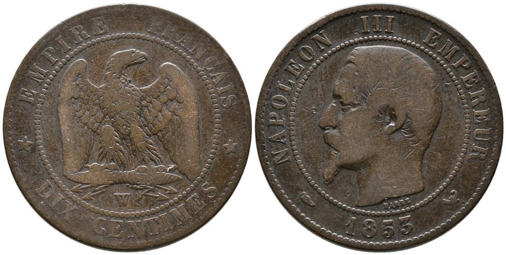 ФРАНЦИЯ 10 САНТИМОВ 1853 W, НАПОЛЕОН III (1852-1870) KM 771.7 бронза 38-325
