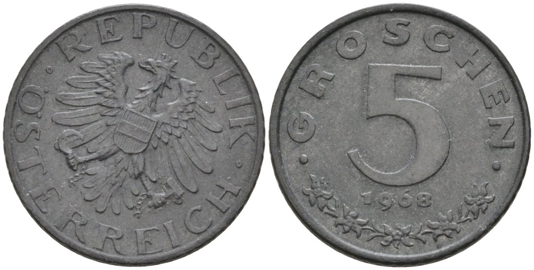 Австрия 5 грошей 1968 KM 2875 цинк 4567-324