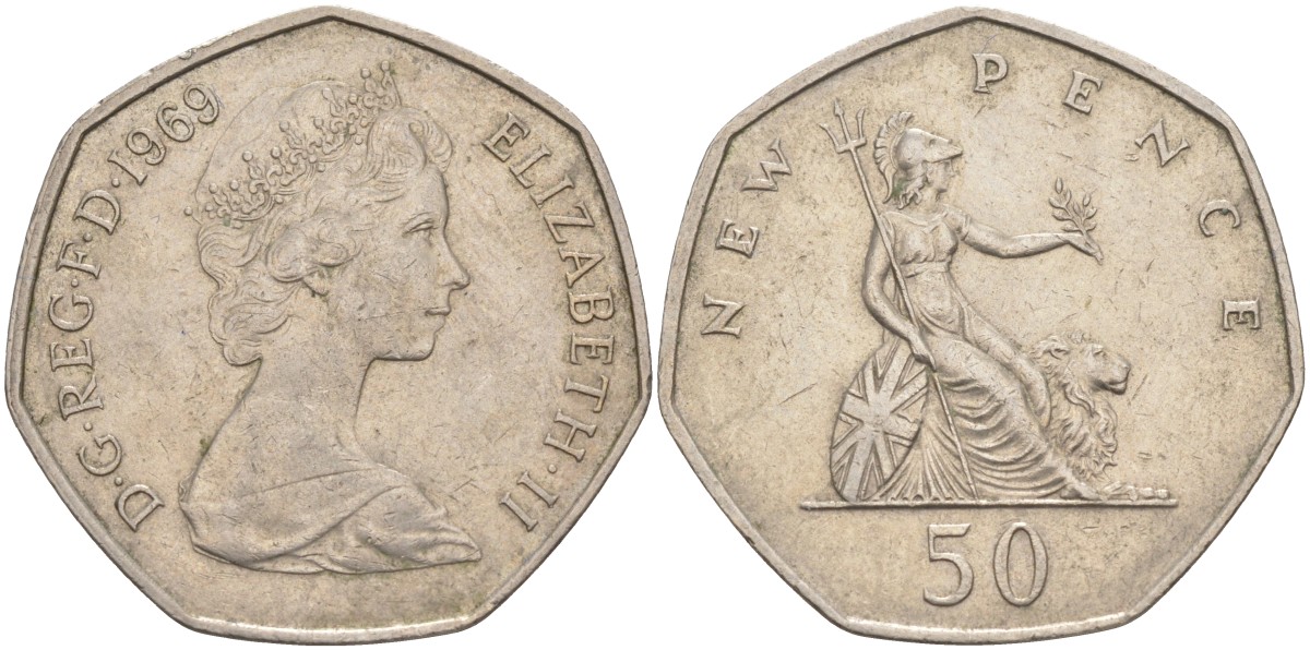Великобритания 50 пенсов 1969 Елизавета II (1952-2022) KM 913, Spink 4223 (H1) медно-никель 114-811