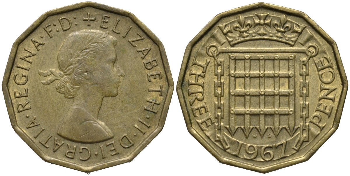 Великобритания 3 пенса 1967 Елизавета II (1952-2022) KM 900, Spink 4153 никель латунь 4171-551