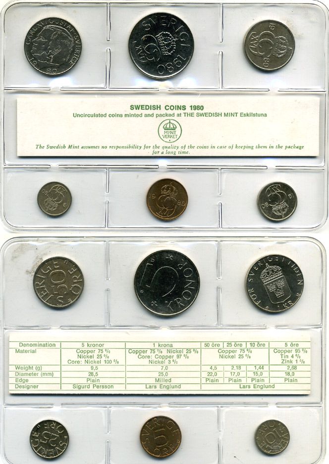 Швеция набор из 6 монет 1980 официальный набор монетного двора в пластике, Карл XVI Густав (1973- ) KM MS14 UNC UNC 2-4-1-06