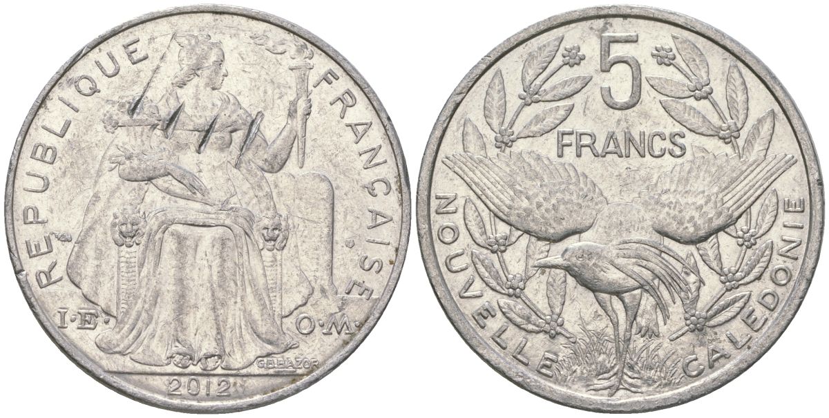Французская Новая Каледония 5 франков 2012 птица кагу, (IEOM) KM 16, Schoen 12, Lec 81k алюминий 4111-1134