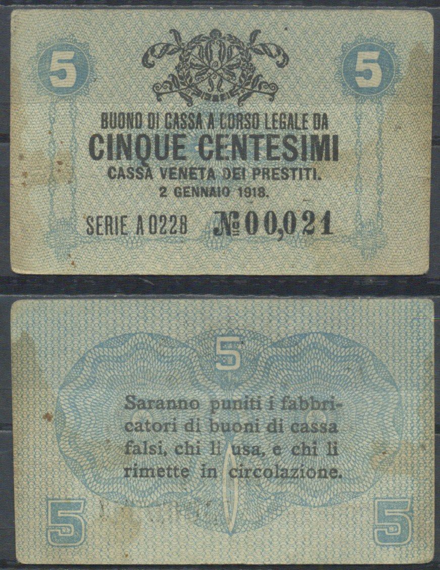 Италия 5 чентезимо 1918 	Венецианский ссудный банк Pick M1 бумага 7554-13-3-2