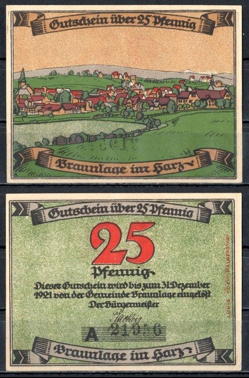 Браунлаге (Брауншвейг) 25 пфеннигов 1921 Mehl Grabowski 153.1-2/3 бумага UNC (пресс) 7556-54-3-1