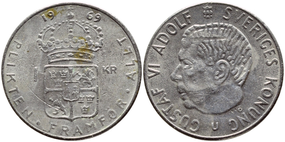 Швеция 1 крона 1969 Густав VI Адольф (1950-1973) KM 826a медь плакированная медно-никелем 4388-655