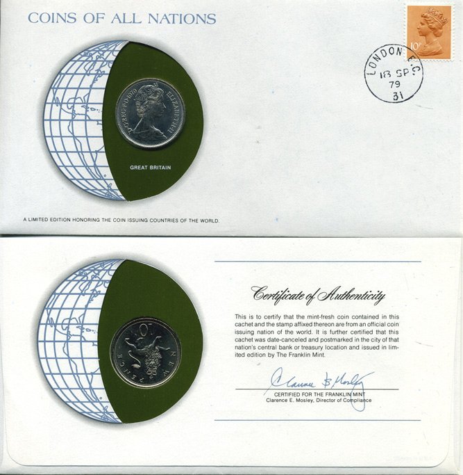 Великобритания 10 пенсов 1979 Елизавета II (1952-2022) монета в конверте с маркой и спецгашением, Coins of Nations KM 912, Spink 4231 (F1) медно-никель UNC 4294-17-2