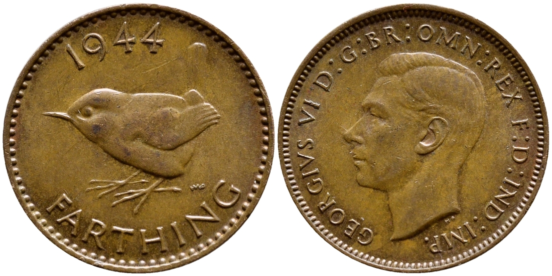 Великобритания 1 фартинг 1944 Георг VI (1936-1952) KM 843, Spink 4116 бронза 08-543