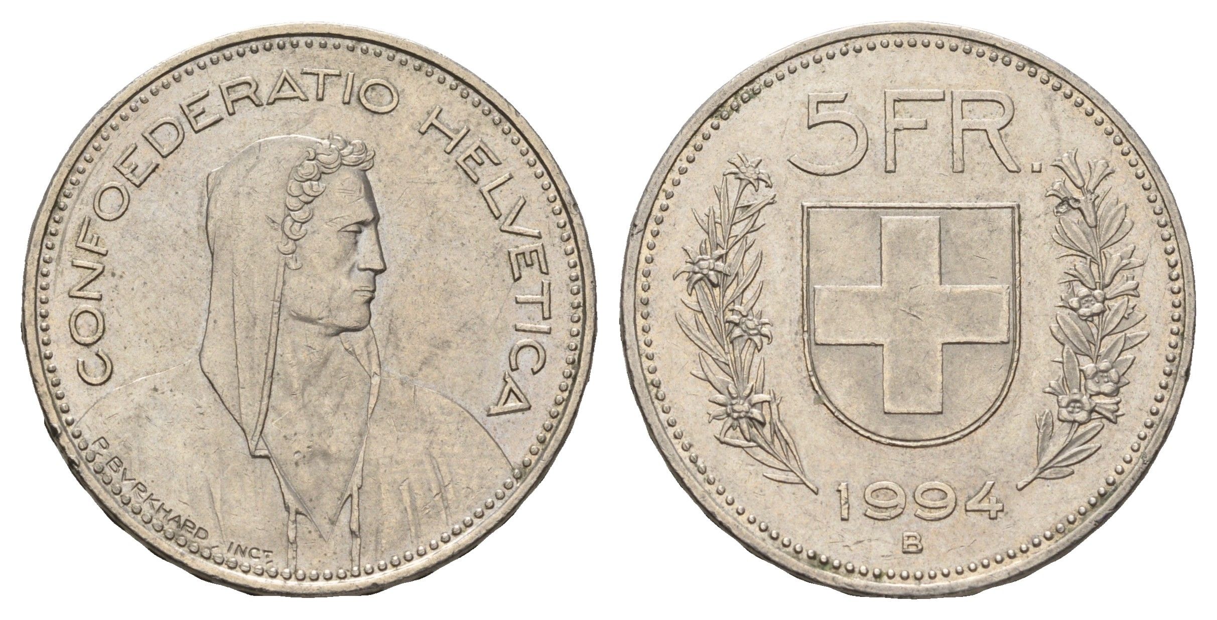 Швейцария 5 франков 1994 B KM 40a.4 медно-никель 4536-1036
