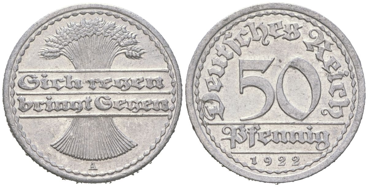 Германия 50 пфеннигов 1922 A KM 27 алюминий aUNC 31-426