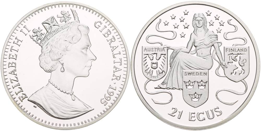 Гибралтар 21 экю 1995 ЕВРОПА И ТРИ ГЕРБА АВСТРИИ, ШВЕЦИИ И ФИНЛЯНДИИ, ПРОБА 925, ВЕС 19,2 ГР., ТИРАЖ 15000 ЭКЗ. KM 498 серебро PROOF 1088-9-64