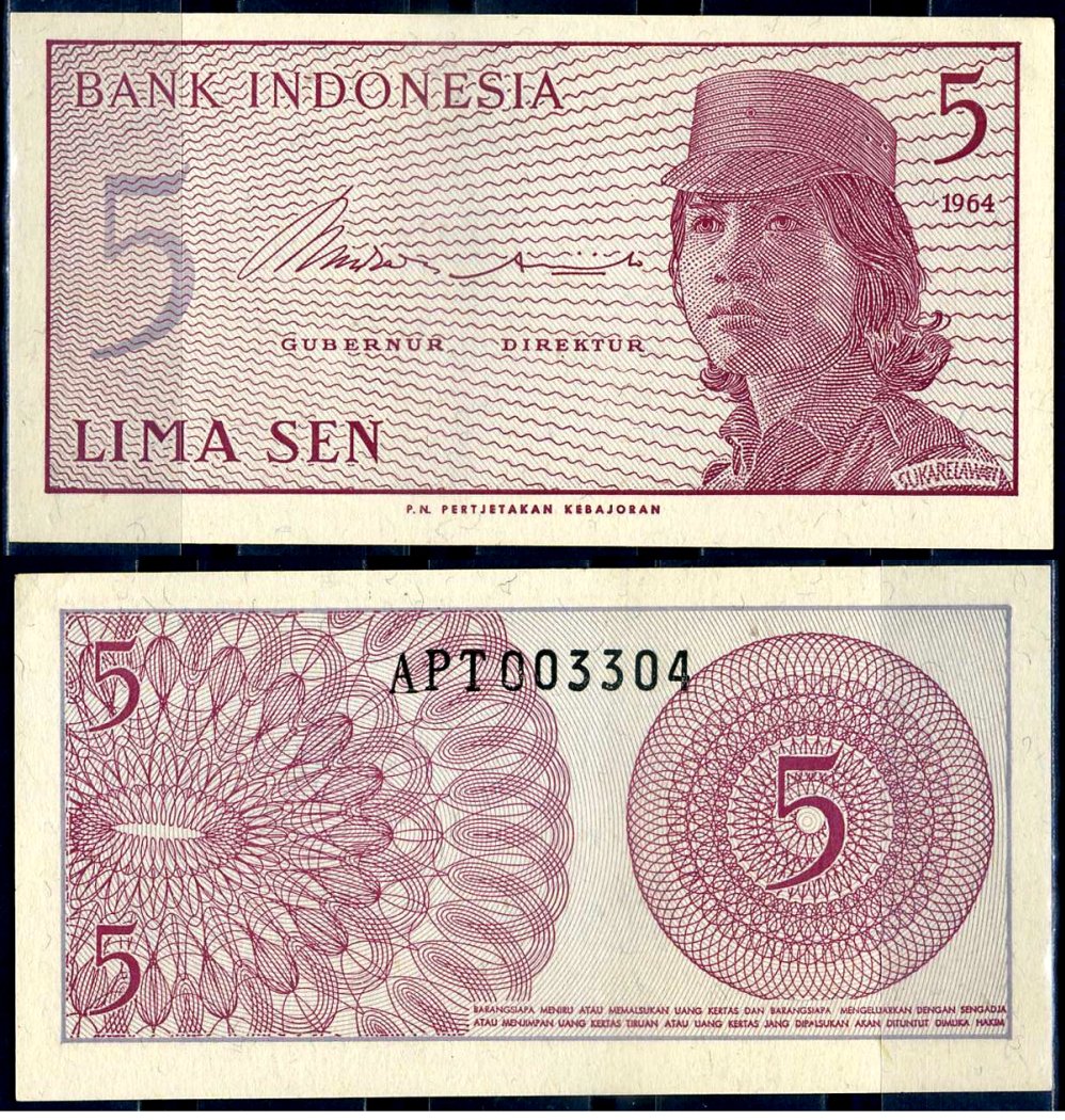 Индонезия 5 сенов 1964 девушка волонтер Pick 91 a  бумага  UNC (пресс) 6266-1-2-2