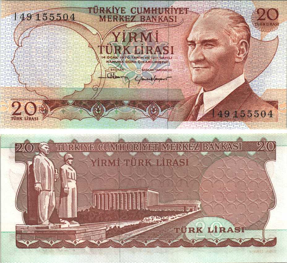ТУРЦИЯ 20 ЛИР 1974 КОРИЧНЕВАЯ ПОДПИСЬ, ПРЕЗИДЕНТ КЕМАЛЬ АТАТЮРК Pick 187b бумага UNC (ПРЕСС) 6280-46-4-1