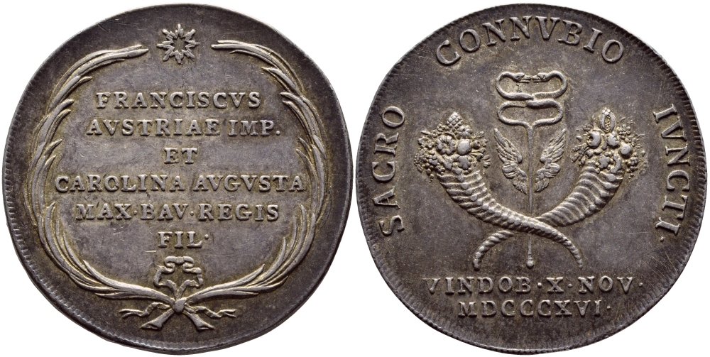 ГЕРМАНИЯ МЕДАЛЬ 1816 НА ЗАКЛЮЧЕНИЕ СОЮЗА ФРАНЦИСКОМ АВСТРИЙСКИМ И КОРОЛЕВОЙ БАВАРИИ КАРОЛИНОЙ АВГУСТОЙ серебро 560-1915