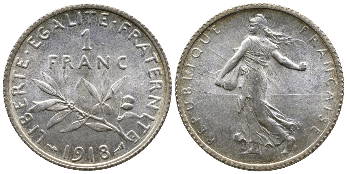 Франция 1 франк 1918 сеятель KM 844.1, Le Franc 217.24 серебро UNC 259-711