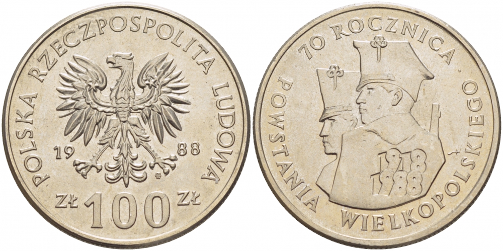 ПОЛЬША 100 ЗЛОТЫХ 1988 MW, 70 ЛЕТ ВЕЛИКОПОЛЬСКОГО ВОССТАНИЯ KM 182 медно-никель UNC 51-4233