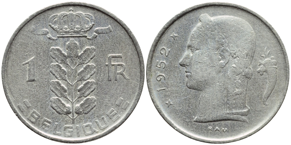 БЕЛЬГИЯ 1 ФРАНК 1952 BELGIQUE KM 142.1 медно-никель 4388-123