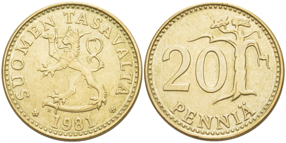 ФИНЛЯНДИЯ 20 ПЕННИ 1981 K KM 47 алюминиевая бронза UNC 3718-657
