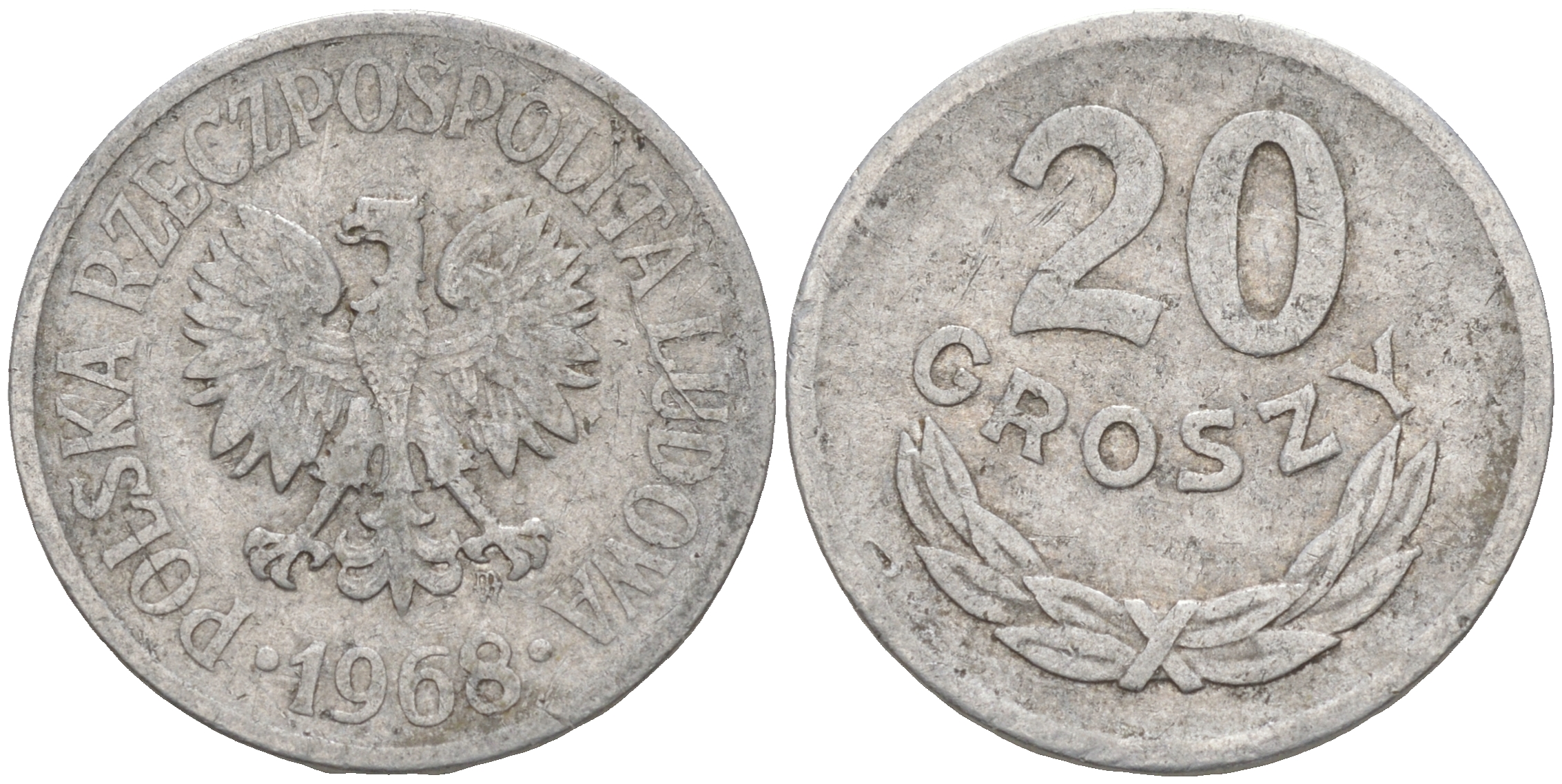 ПОЛЬША 20 ГРОШЕЙ 1968 MW KM A47 алюминий VF 188-331