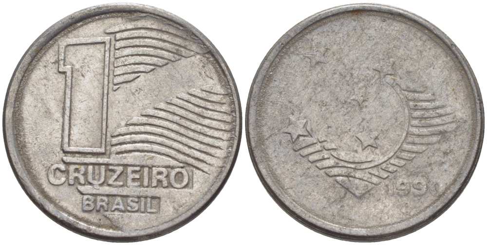 Бразилия 1 крузейро 1990 KM 617 нержавеющая сталь 201-817
