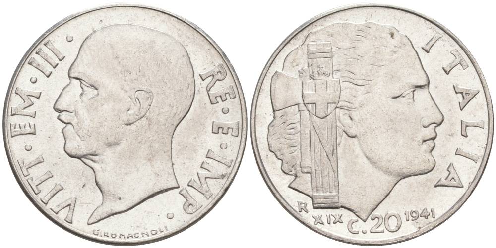 ИТАЛИЯ 20 ЧЕНТЕЗИМО 1941 R, ГОД XIX, ВИКТОР ЭММАНУИЛ III (1900-1946) KM 75b, VEM3. 1028 нержавеющая сталь 3853-636