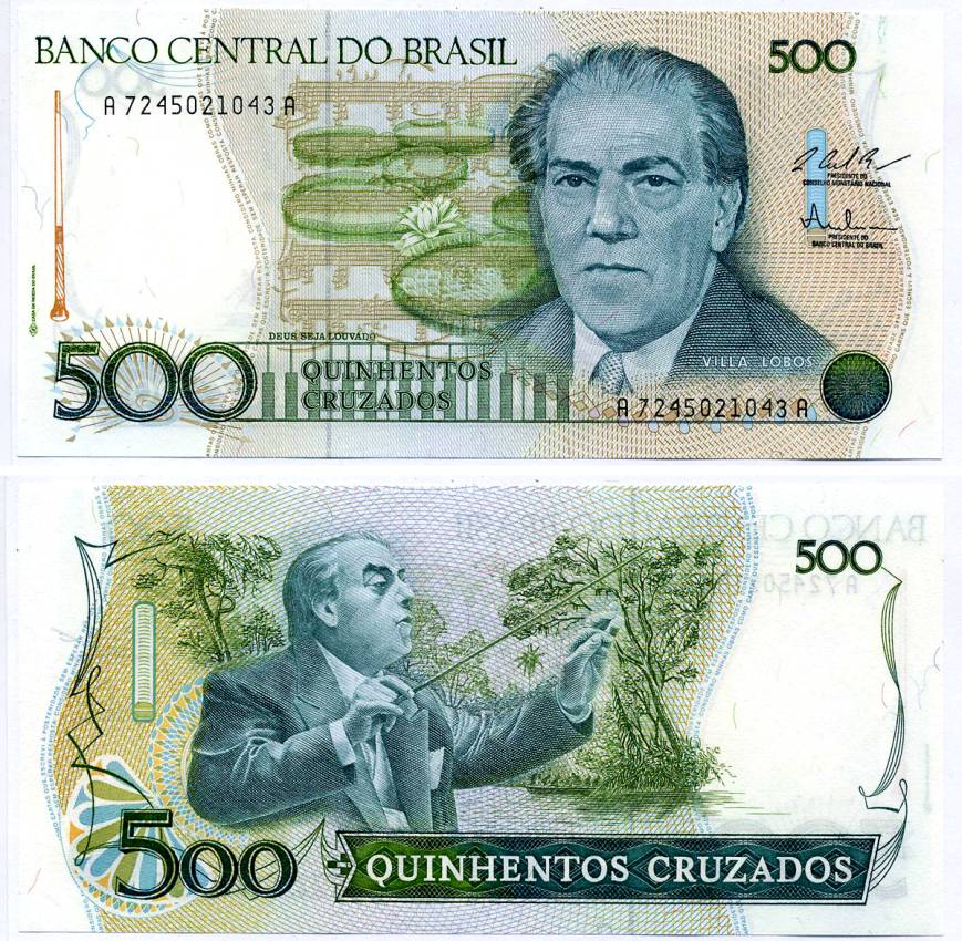 Бразилия 500 крузадо ND (1986-1988) ПОДПИСЬ 25 Pick 212с бумага UNC (пресс) 7484-71-1