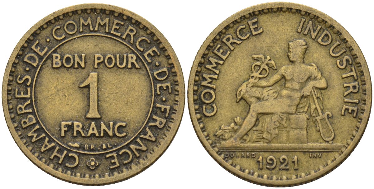 Франция 1 франк 1921 KM 876 алюминиевая бронза 4143-527