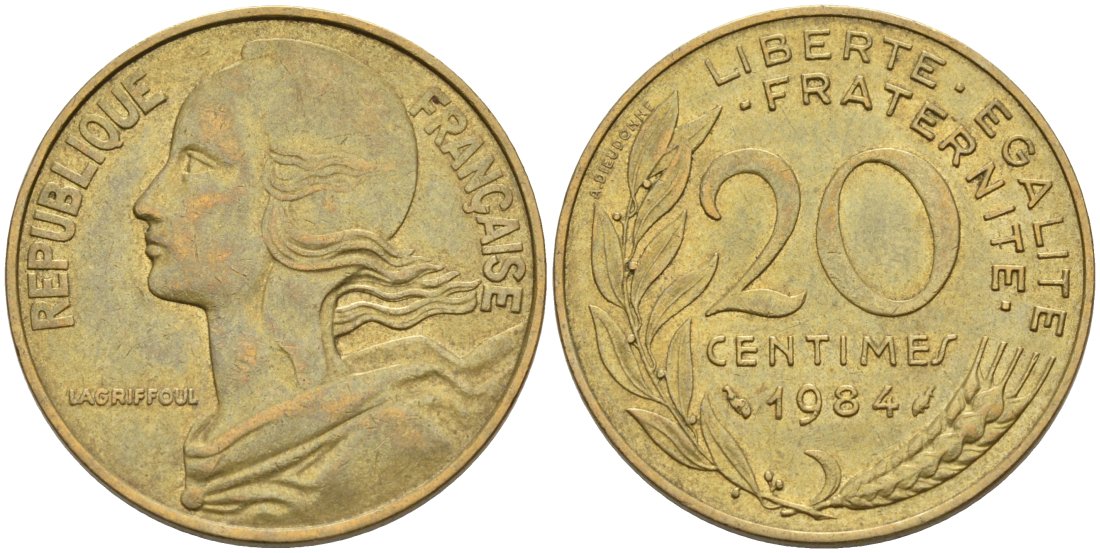 Франция 20 сантимов 1984 тип Marianne KM 930, Le Franс 156.24 медь алюминий никель 4573-1051