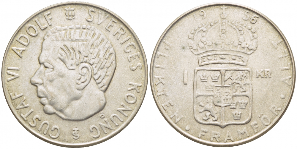 Швеция 1 крона 1956 TS, Густав VI Адольф (1950-1973) KM 826 серебро 175-1124