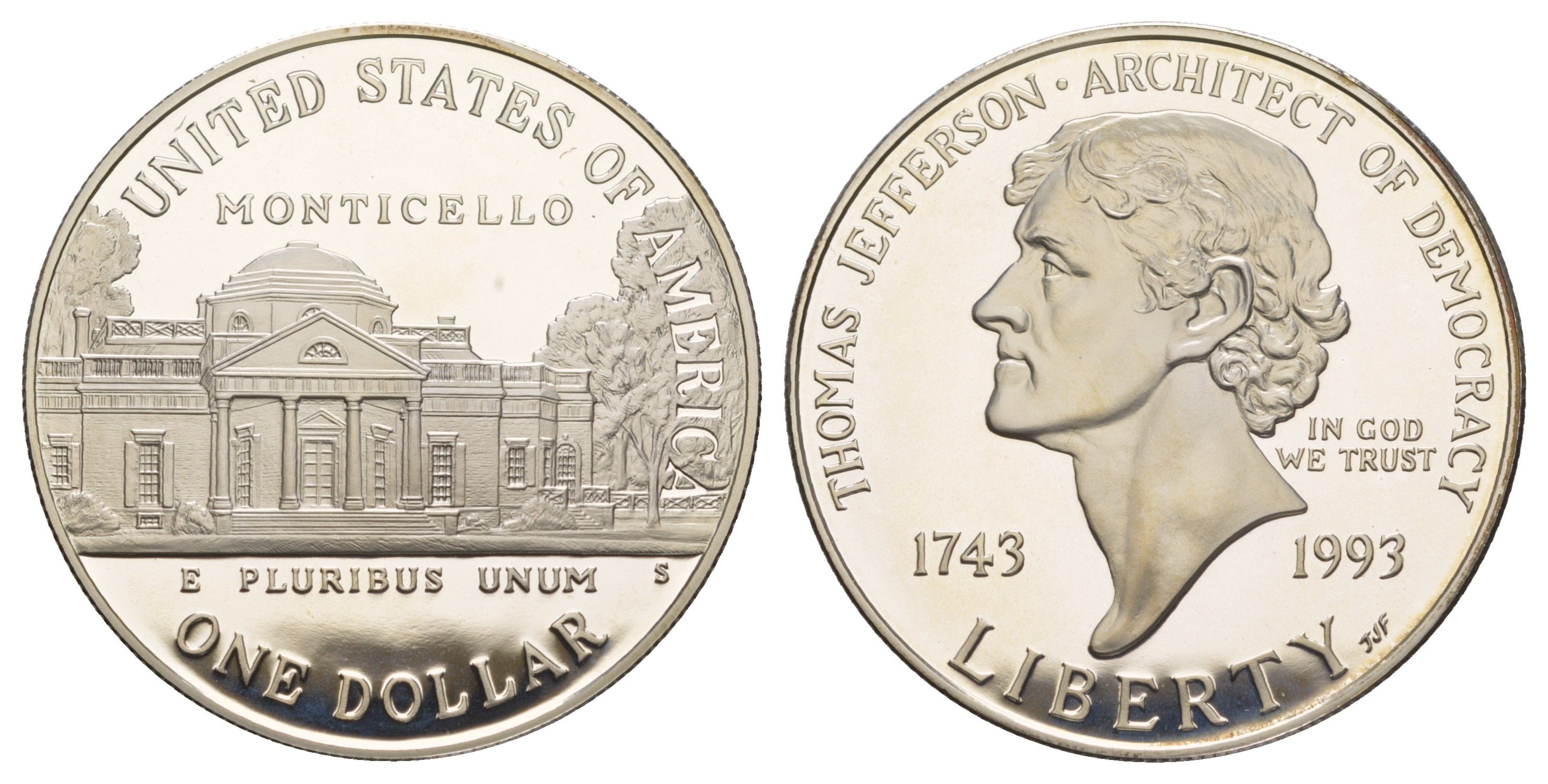 США 1 доллар 1993 S, 250 лет со дня рождения Томаса Джефферсона KM 249 серебро PROOF 11-266-21