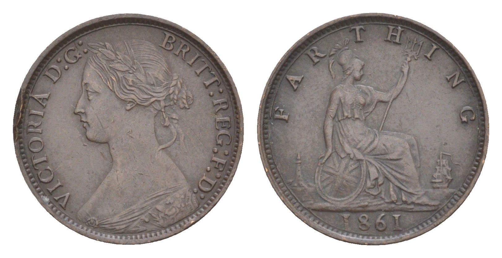 Великобритания 1 фартинг 1861 Виктория (1837-1901) KM 747.2, Spink 3958 бронза 4630-144