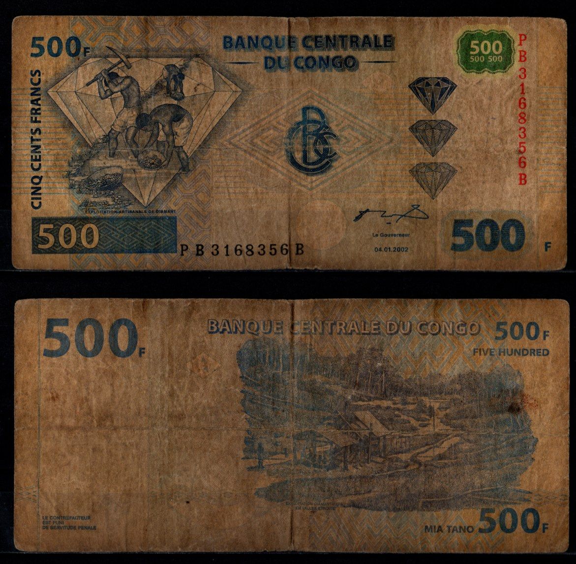 ДР Конго 500 франков 2002 Pick 96 B бумага 8602-14-2-1